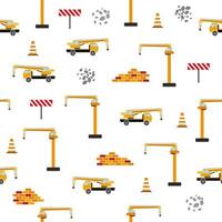 carino infantile senza soluzione di continuità modello con giallo auto cumulo di rifiuti camion, gru, calcestruzzo miscelatore. costruzione luogo illustrazione nel cartone animato stile vettore