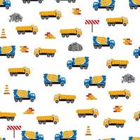 carino infantile senza soluzione di continuità modello con giallo auto cumulo di rifiuti camion, gru, calcestruzzo miscelatore. costruzione luogo illustrazione nel cartone animato stile vettore