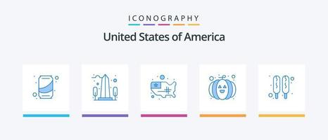 Stati Uniti d'America blu 5 icona imballare Compreso caldo cane. Festival. Washington. zucca. Stati Uniti d'America. creativo icone design vettore