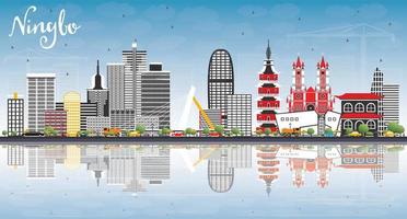 ningbo Cina città orizzonte con colore edifici, blu cielo e riflessi. vettore