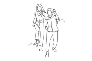 singolo uno linea disegno uomo e donna avendo divertimento a piedi insieme nel il parco. ritrovi con amici concetto. continuo linea disegnare design grafico vettore illustrazione.