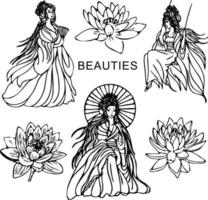 Asia ragazza nel sakura e bambù. Giappone tradizioni di il est. terme elementi per il logo .disegno scarabocchio stile. vettore