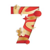 7 numerico numero Cinese nuovo anno concetto personaggio font lettera astratto carta fiore lanterna lunare Festival elemento scintillare brillare pendenza oro rosso 3d carta strato ritagliare carta vettore illustrazione