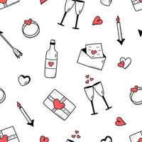 concetto di icone senza cuciture di san valentino. vettore doodle accessori romantici candele cuori anello bottiglia e bicchieri di vino, labbra regalo cioccolato fragola