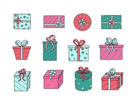 regalo scatole con archi. vettore illustrazione di colorato icone di un' festivo presente nel un' pacchetto. isolato su bianca, un' impostato di scatole nel involucro carta.