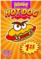 menù mostro con hot dog. verticale bandiera con prezzo etichetta per veloce cibo bar per Halloween giorno. vettore illustrazione.
