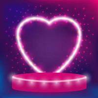 San Valentino giorno design. palcoscenico podio decorato con cuore forma illuminazione. piedistallo scena con per Prodotto, pubblicità, mostrare, su neon sfondo. fondale di amore. vettore illustrazione.