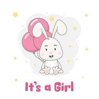 è un' ragazza. carino coniglio personaggio con rosa palloncini e stelle isolato su bianca sfondo. coniglietto vettore illustrazione.