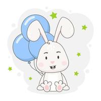 carino coniglio personaggio con blu palloncini e verde stelle isolato su bianca sfondo vettore