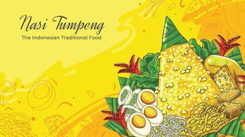 mano disegnato nasi tumpeng il indonesiano tradizionale cibo sfondo vettore