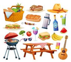 picnic elemento illustrazione impostare. cestino con cibo, bevanda, frutta, grigliate attrezzatura vettore