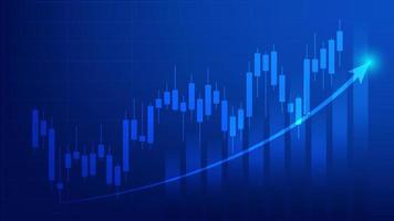 le statistiche sulle attività finanziarie con grafico a barre e grafico a candele mostrano il prezzo di mercato azionario e il guadagno effettivo su sfondo blu vettore