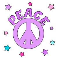 icona, etichetta nel hippie stile con viola pace cartello, testo pace e stelle su bianca sfondo. retrò stile vettore
