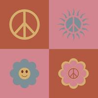impostato icone, adesivi nel hippie stile con pace cartello e fiori nel hippie stile su rosa piazze su sfondo vettore