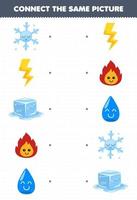 formazione scolastica gioco per bambini Collegare il stesso immagine di cartone animato neve tuono ghiaccio fuoco acqua stampabile natura foglio di lavoro vettore