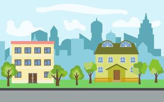 vettore città con Due due storie cartone animato case e verde alberi nel il soleggiato giorno. estate urbano paesaggio. strada Visualizza con paesaggio urbano su un' sfondo