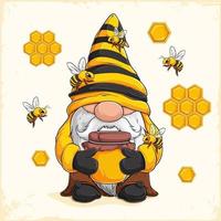mano disegnato carino apicoltore gnomo Tenere un' bicchiere vaso pieno di miele circondato di api e Favo vettore