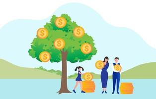 famiglia raccolta i soldi a partire dal oro monete albero per finanziario crescita e ritorno su investimento profitto e finanziario pianificazione vettore illustrazione