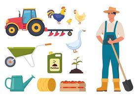 contadino personaggio e diverso azienda agricola elementi. uomo contadino, fienile, trattore, pollo, gallo, oca, fertilizzante, pagliaio, carrello, irrigazione Potere. impostato di elementi su azienda agricola tema. vettore illustrazione.