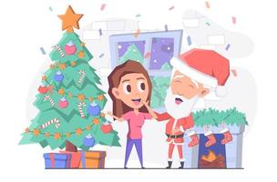 ragazza incontra Santa Claus di il il camino, essi ridere, Natale albero dietro a loro vettore