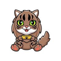 carino siberiano gatto cartone animato Tenere cibo ciotola vettore