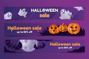 impostato di Halloween vendita orizzontale banner con zucche, fantasmi e pipistrelli vettore