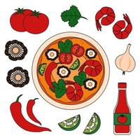 tom yum ricetta con ingredienti - gamberetto, pomodori, funghi, chili Pepe, aglio e lime. vettore