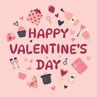 San Valentino giorno impostato con cuore, regali e altro elementi su rosa sfondo. amore concetto. festivo carta o manifesto vettore