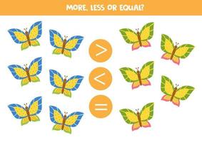 Di più, meno, pari con carino cartone animato farfalle. matematica gioco per bambini. vettore