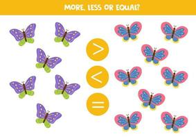 Di più, meno, pari con carino cartone animato farfalle. matematica gioco per bambini. vettore