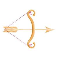 d'oro arco 3d con un' teso corda e un' caricato d'oro freccia isolato su un' bianca sfondo. cartone animato giallo arco con freccia. vettore illustrazione.