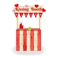 baci cabina. di legno baci cabina decorato con amore simboli e un' ghirlanda con bandiere. per festeggiare San Valentino giorno, nozze o compleanno. vettore illustrazione.