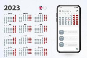 calendario App per cellula Telefono, vettore calendario 2023 settimana stelle a partire dal lunedì.