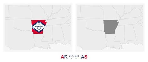 Due versioni di il carta geografica di noi stato Arkansas, con il bandiera di Arkansas e evidenziato nel buio grigio. vettore