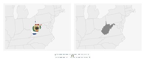 Due versioni di il carta geografica di noi stato ovest Virginia, con il bandiera di ovest Virginia e evidenziato nel buio grigio. vettore