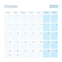 2023 ottobre parete progettista nel blu pastello colore, settimana inizia su lunedì. vettore