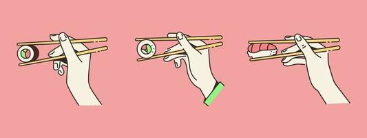 mani Tenere bastoncini con Sushi rotolo. cartone animato vettore impostare.