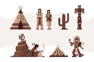 impostato di nativo americano stilizzato personaggi nel tradizionale Abiti, teepee tenda, totem e falò. vettore
