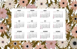 calendario 2023 con 12 mesi. Domenica settimana inizio annuale calendario. singolo pagina calendario modello con mano disegnato boho impianti e fiori. vettore illustrazione