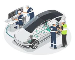 elettrico auto ricerca e sviluppo produzione ingegnere r e d squadra produzione ev auto il motore e litio batteria li ione imballare isometrico isolato vettore illustrazione