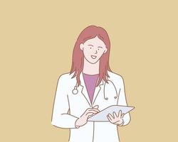 femmina medico con appunti dati medico rapporto con schema o linea e pulito semplice persone stile vettore