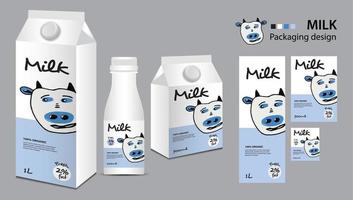 latte pacchetto disegno, latte etichetta disegno, latte scatole impostato e bottiglia vettore, scatola realistico 3d illustrazione, creativo confezione modello, Prodotto disegno, cibo striscione, carino mucca logo cartone animato illustrazione vettore