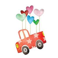 acquerello illustrazione di carino San Valentino oggetti ,carino articolo vettore disegno, il camion è sospeso con cuore sagomato palloncini.