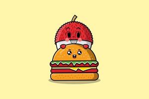 carino lychee cartone animato personaggio nascondiglio nel hamburger vettore