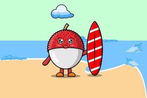 carino cartone animato lychee personaggio giocando fare surf vettore