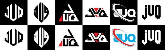 juq lettera logo design nel sei stile. juq poligono, cerchio, triangolo, esagono, piatto e semplice stile con nero e bianca colore variazione lettera logo impostato nel uno tavola da disegno. juq minimalista e classico logo vettore