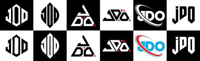 jdo lettera logo design nel sei stile. jdo poligono, cerchio, triangolo, esagono, piatto e semplice stile con nero e bianca colore variazione lettera logo impostato nel uno tavola da disegno. jdo minimalista e classico logo vettore