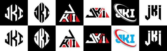 jki lettera logo design nel sei stile. jki poligono, cerchio, triangolo, esagono, piatto e semplice stile con nero e bianca colore variazione lettera logo impostato nel uno tavola da disegno. jki minimalista e classico logo vettore