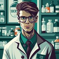 adulto uomo con styled capelli, come un' farmacista indossare laboratorio cappotto e bicchieri vettore