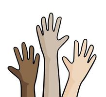 mani di persone con diverso pelle colori. palme su. concetto di amicizia, diversità e multiculturale cooperazione di bambini vettore